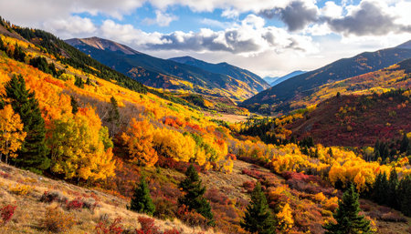 Colorful autumn landscape in the mountains. The view from the top of the mountain.の素材