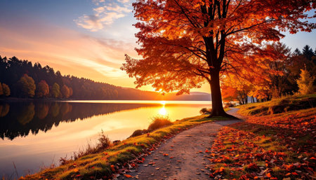 Autumn landscape with lake and trees at sunset. Beautiful autumn landscape.の素材