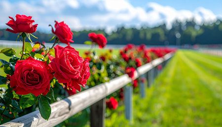 Red roses on a fence in a field in Bavaria, Germanyの素材