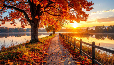 Autumn landscape with lake and trees at sunset. Colorful autumn landscape.の素材