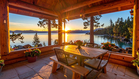 Wooden terrace with table and chairs on lake Tahoe, California, USAの素材