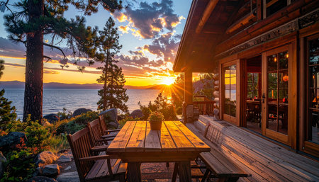 Lake Tahoe, California, USA. Sunset view of Lake Tahoe from the veranda.の素材