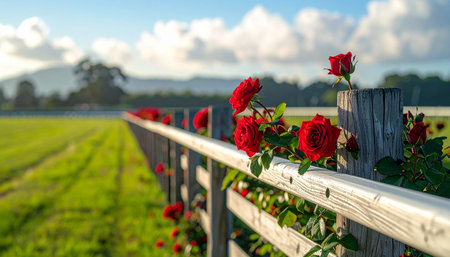 Roses growing on a fence in a farm field in Australia.の素材