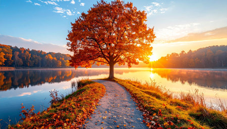 Autumn landscape with a tree on the shore of the lake.の素材