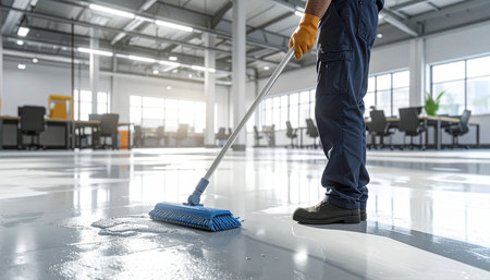 Man cleaning floor with mop in office. Cleaning service conceptの素材