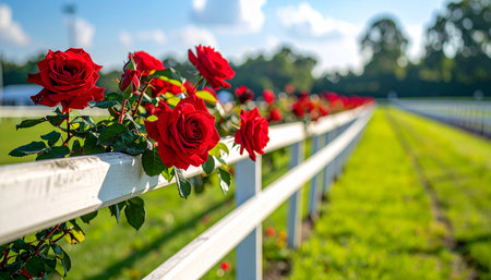Red roses on a white fence in a field with a blue skyの素材