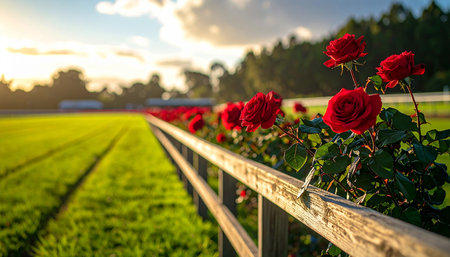 Roses in a row on a farm field with a wooden fenceの素材