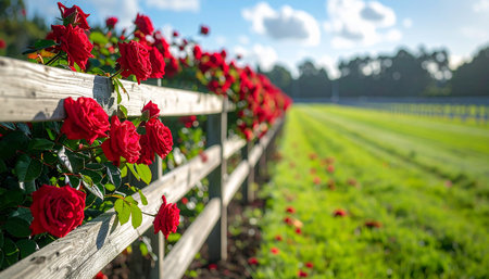 Roses on a wooden fence in a field in the Netherlands.の素材