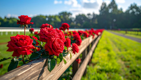 Red roses on a wooden fence in a field on a sunny dayの素材