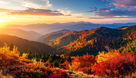 Colorful autumn sunrise in the mountains. Carpathian, Ukraine, Europe.の素材