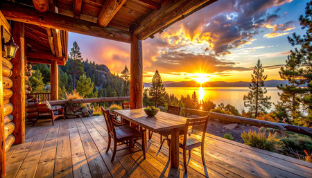 Wooden deck with table and chairs at sunset. Lake Tahoe, California, USAの素材