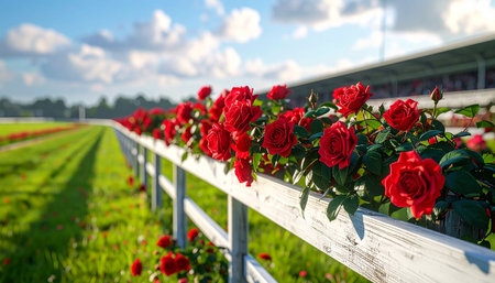 Rows of red roses on a white wooden fence in the fieldの素材