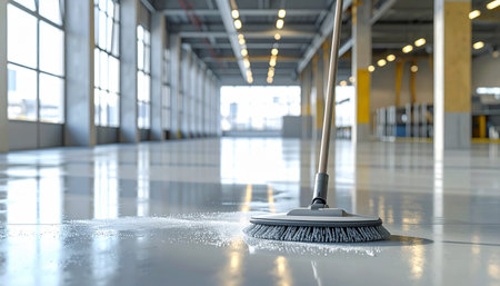 Close up of a broom sweeping the floor in the office building.の素材