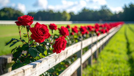 Red roses in a row on a wooden fence in a rural landscapeの素材