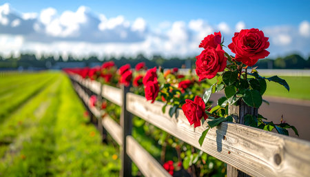 Red roses on a wooden fence in front of a blue sky.の素材