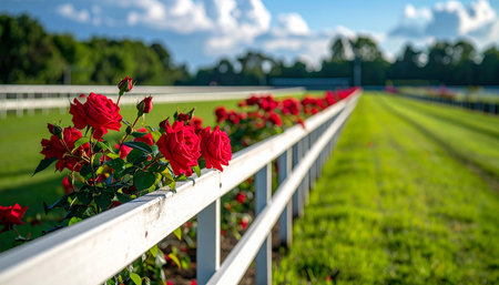 Roses on a white wooden fence in a field on a sunny dayの素材