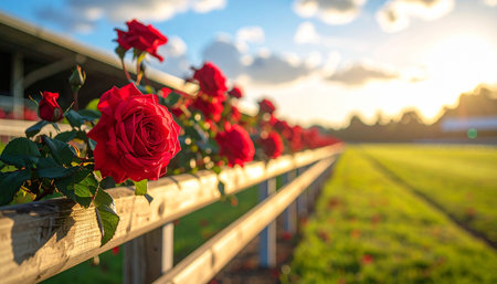 Red roses on a wooden fence in a rural setting at sunset.の素材