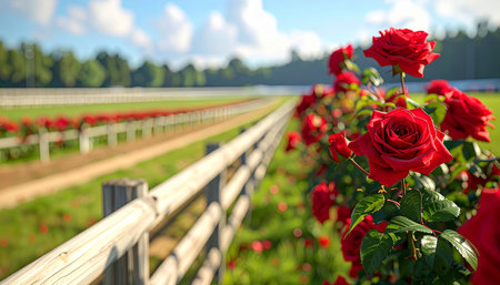 Rows of red roses on the background of a rural landscape.の素材