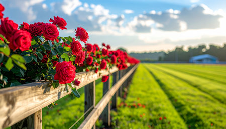 Red roses on a wooden fence in a sunny field in springtimeの素材