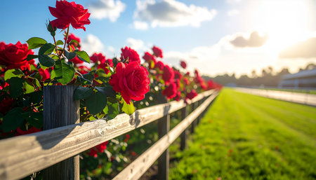 Roses on a fence in a rural landscape in sunlight in summerの素材