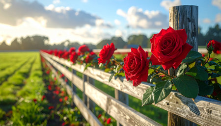 Roses on a wooden fence in a field in the Netherlands.の素材