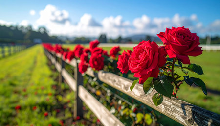 Red roses on a fence in the countryside of Bavaria, Germanyの素材