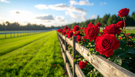 Roses in the field with wooden fence in the background. Beautiful summer landscape.の素材