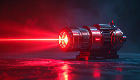 3d illustration of a camera lens with a red beam of lightの素材