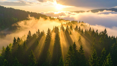 Sunrise in the Carpathian mountains. View from above.の素材