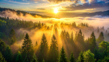 Fantastic sunrise in the morning misty forest. Carpathian, Ukraine, Europe. Beauty world.の素材