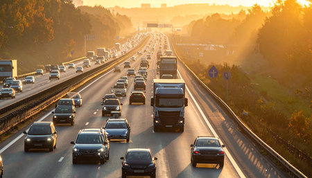 Traffic on the highway at sunset. Car traffic on the highway.の素材