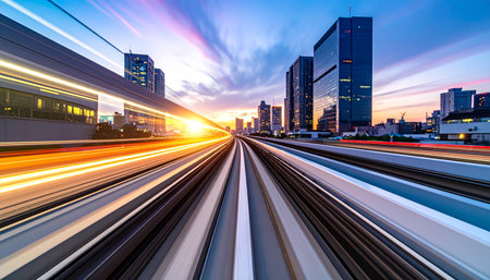 Motion blur train moving fast in city at night. Railway transportation concept.の素材