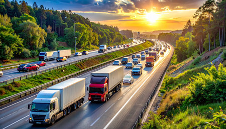 Trucks on the highway at sunset. Transportation and logistics.の素材