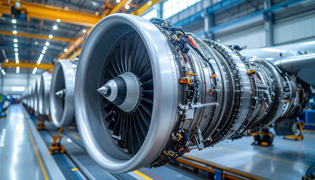 Turbine of a modern aircraft in the hangar. Industrial backgroundの素材