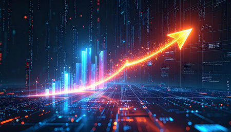 Futuristic glowing business chart with arrow pointing up. 3D Renderingの素材