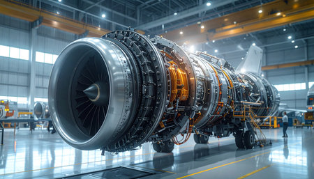 Turbine of a jet engine in a modern airplane hangar.の素材