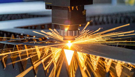 The fiber laser cutting machine cutting the sheet metal with the sparking light.の素材