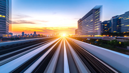 Motion blur of high speed train moving through modern city at sunset.の素材