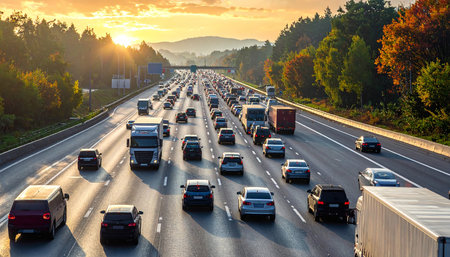 Traffic jam on the highway at sunset in autumn, Russia.の素材