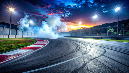 Race track with burning tires and clouds of smoke in the evening skyの素材