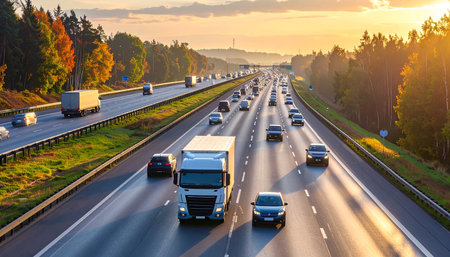 Trucks on the highway at sunset. Concept of logistics and transportation.の素材