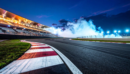 Race track and stadium at night with lights,panoramic viewの素材