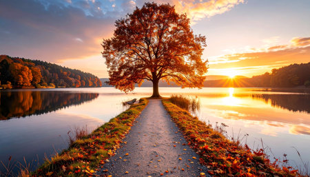 Beautiful autumn landscape with lonely tree on the shore of lake.の素材