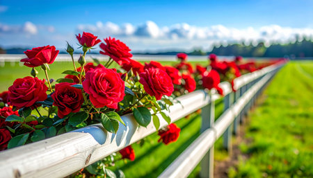 Red roses in a row on a wooden fence in the Netherlands.の素材