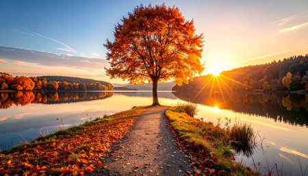 Autumn landscape with lake and colorful trees at sunrise. Colorful autumn landscape.の素材