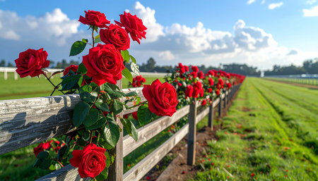 Red roses on a wooden fence in a field in the Netherlands.の素材
