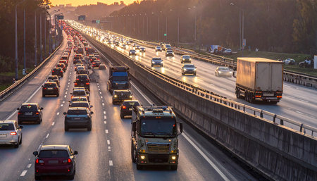 Car traffic on the highway at sunset. Traffic jam in the evening.の素材
