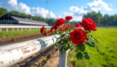 Roses on a fence in the background of a farm field.の素材