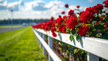 Red roses on a white fence on a sunny day in the Netherlandsの素材