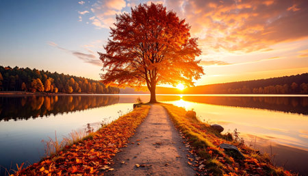 Autumn landscape with lake and tree at sunset. Colorful autumn landscape.の素材